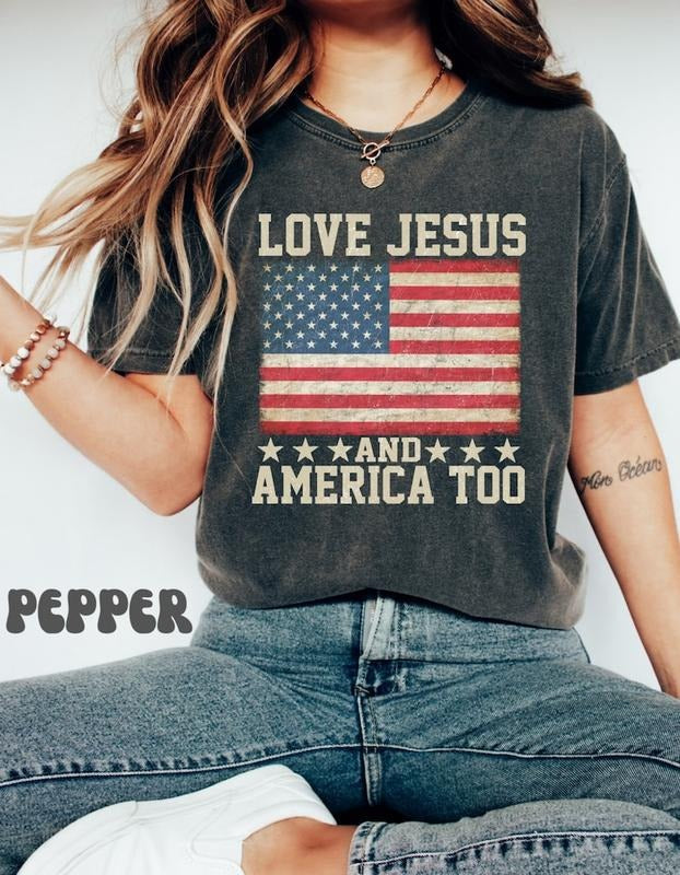 Loves Jesus America Too Spiritual WomenTee Religions - Adult & Kids T-Shirts, Sweatshirts & Hoodies apparel design preview 1