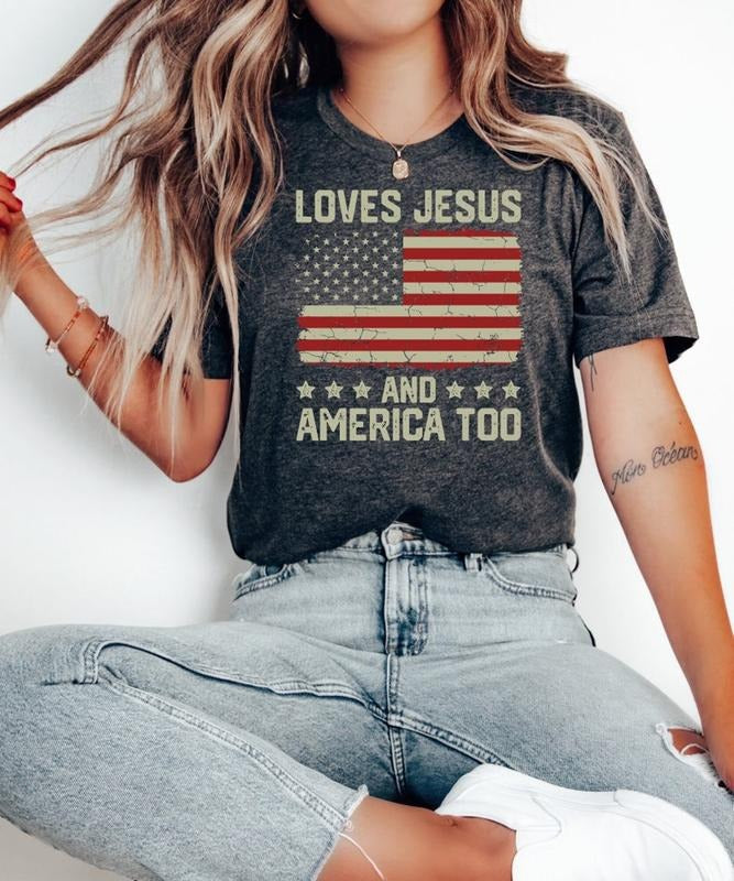 Loves Jesus America Too Spiritual Religions Print - Adult & Kids T-Shirts, Sweatshirts & Hoodies apparel design preview 1
