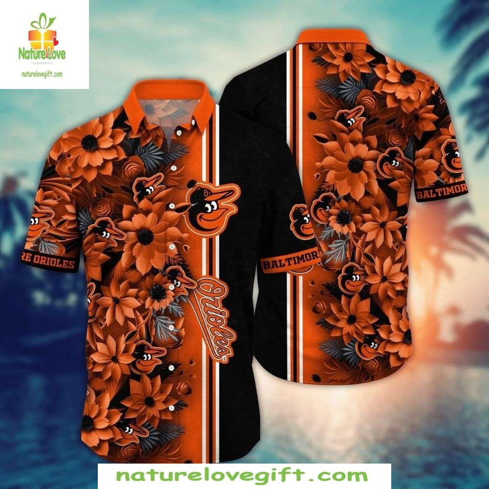 Baltimore Orioles Hawaiian Floral Print MLB Baseball - Adult & Kids T-Shirts, Sweatshirts & Hoodies apparel design preview 1