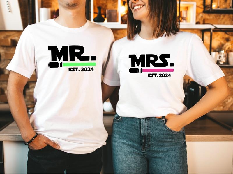 MR MRS Est 2024 Matching Couples Honeymoon Bride - Adult & Kids T-Shirts, Sweatshirts & Hoodies apparel design preview 1