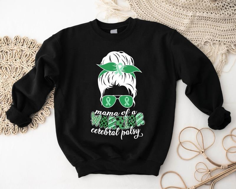 Mama Warrior Messy Bun Cerebral Palsy CP Support - Adult & Kids T-Shirts, Sweatshirts & Hoodies apparel design preview 1