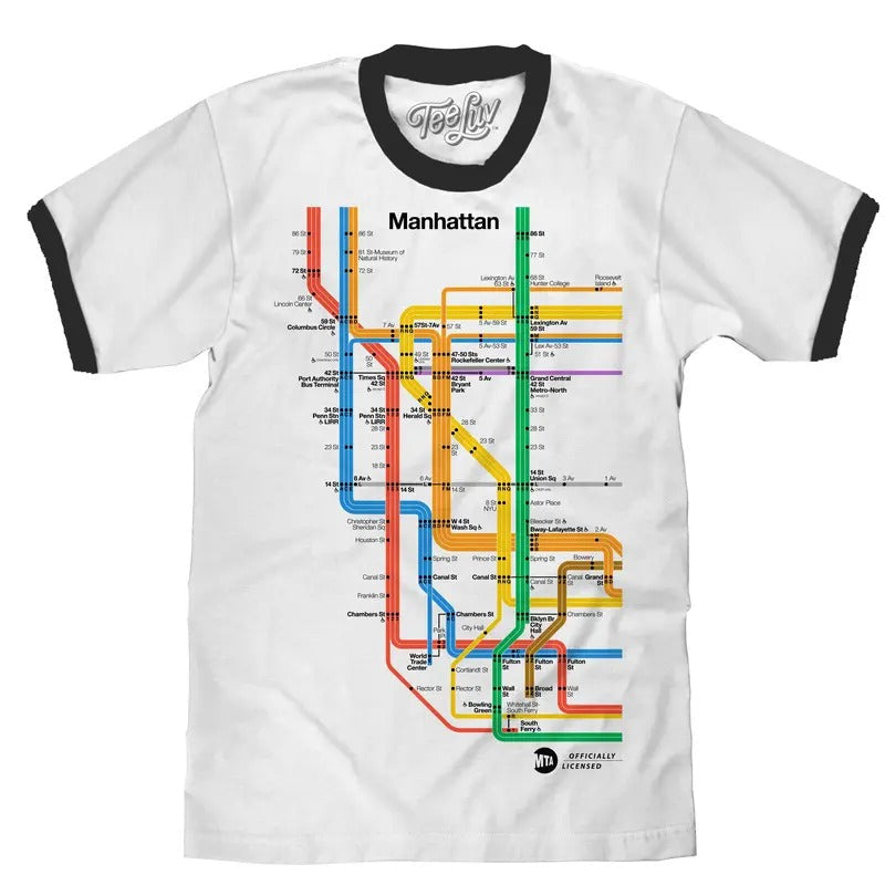 Manhattan Metro Map Ringer White Black - Adult & Kids T-Shirts, Sweatshirts & Hoodies apparel design preview 1