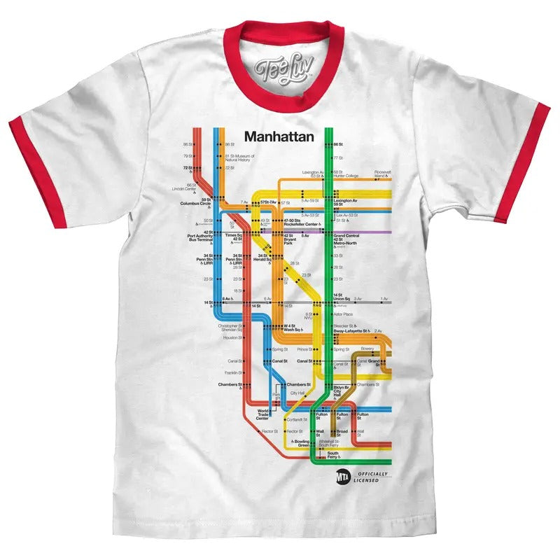 Manhattan Metro Map Ringer White Red - Adult & Kids T-Shirts, Sweatshirts & Hoodies apparel design preview 1
