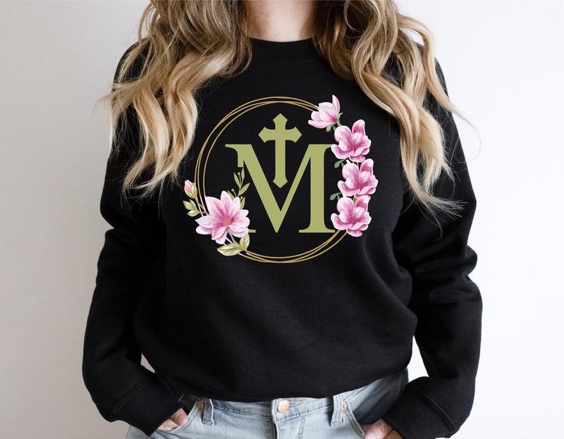 Marian Catholic Floral Religious M Faith Cross - Adult & Kids T-Shirts, Sweatshirts & Hoodies apparel design preview 1