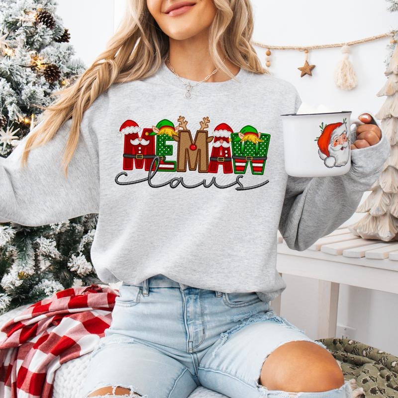 Memaw Claus Faux Embroidery - Adult & Kids T-Shirts, Sweatshirts & Hoodies apparel design preview 1