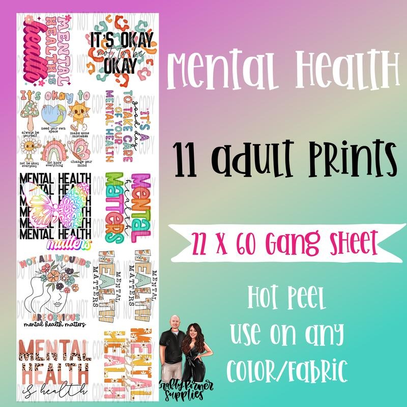Mental Health DTF Transfer Gang Sheet 22 X 60 - Adult & Kids T-Shirts, Sweatshirts & Hoodies apparel design preview 1