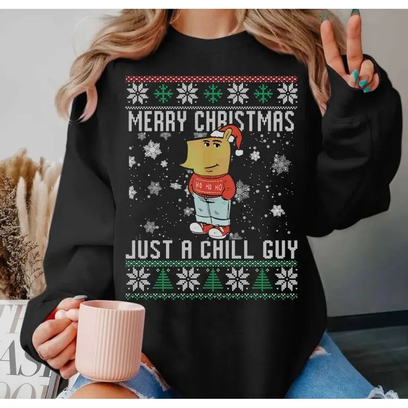 Merry Just Chill Guy Meme Ugly - Adult & Kids T-Shirts, Sweatshirts & Hoodies apparel design preview 1