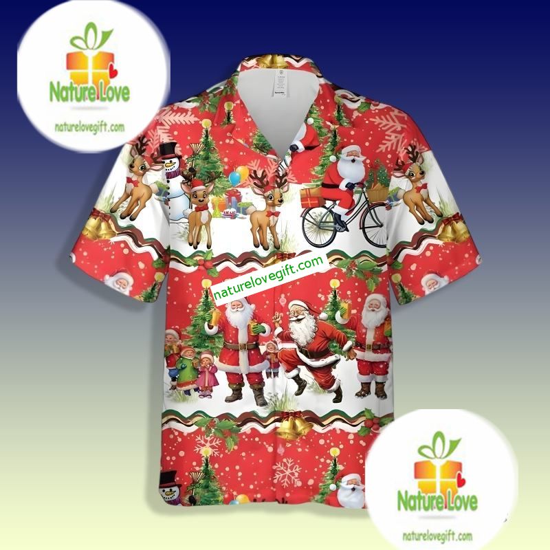 Merry Christmas Santa Claus And Reindeer Red Printed - Adult & Kids T-Shirts, Sweatshirts & Hoodies apparel design preview 1