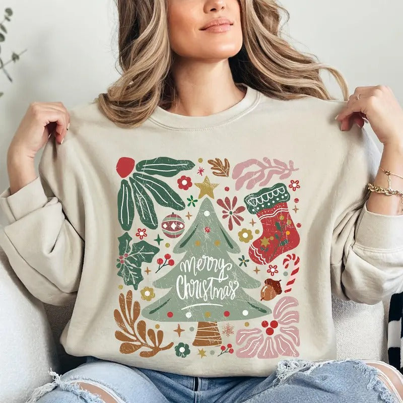 Merry Green Floral Flowers Xmas Crew Neck - Adult & Kids T-Shirts, Sweatshirts & Hoodies apparel design preview 1