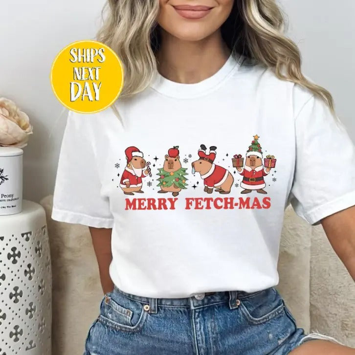 Merry Fetch Mas Capybara Santa Claus Funny Animal - Adult & Kids T-Shirts, Sweatshirts & Hoodies apparel design preview 1