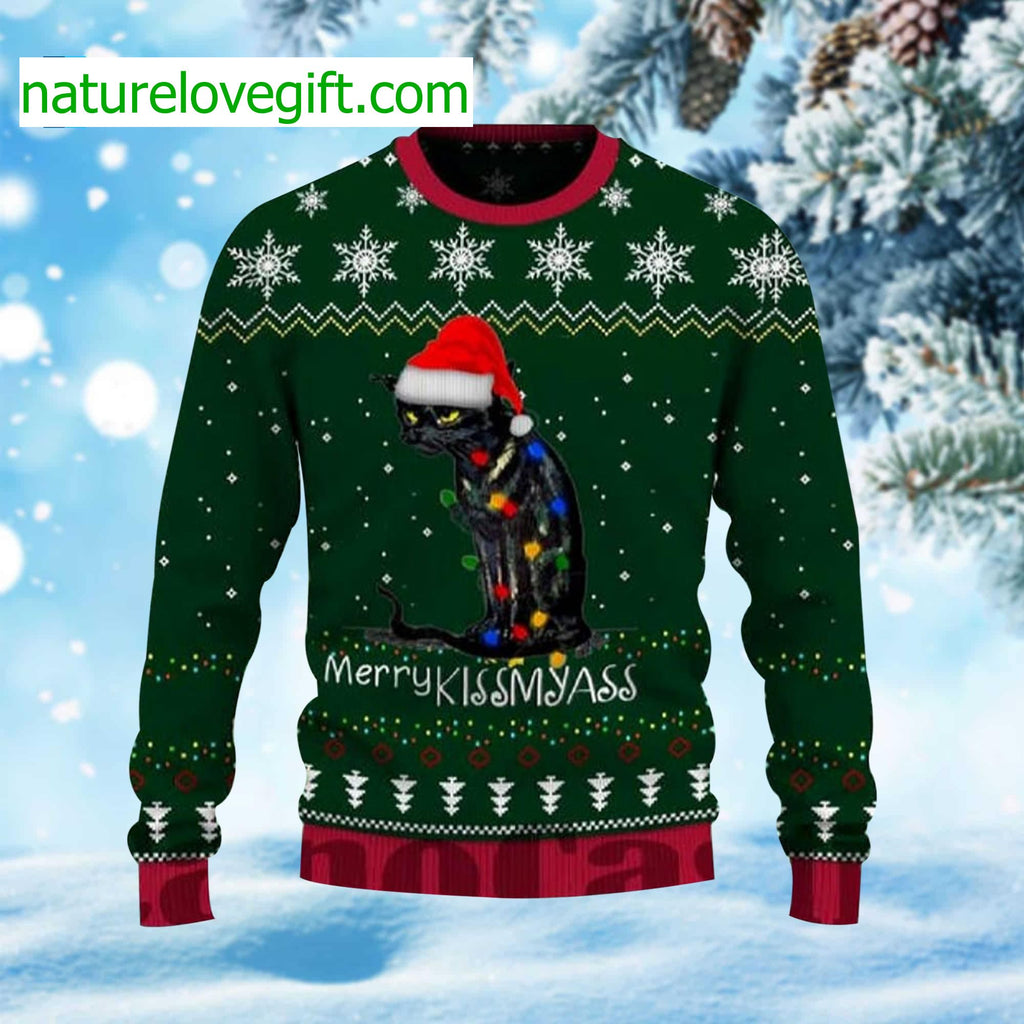 Merry Kissmyass Black Cat Ugly Christmas Sweater - Holiday Gift product image