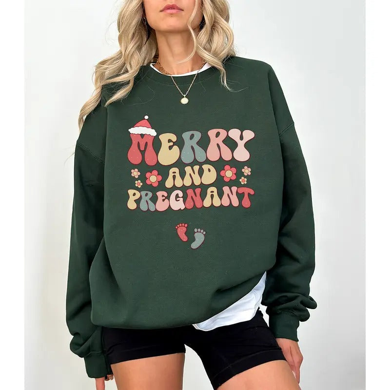 Merry Pregnant Sweatershirt Pregnancy Announcement - Adult & Kids T-Shirts, Sweatshirts & Hoodies apparel design preview 1