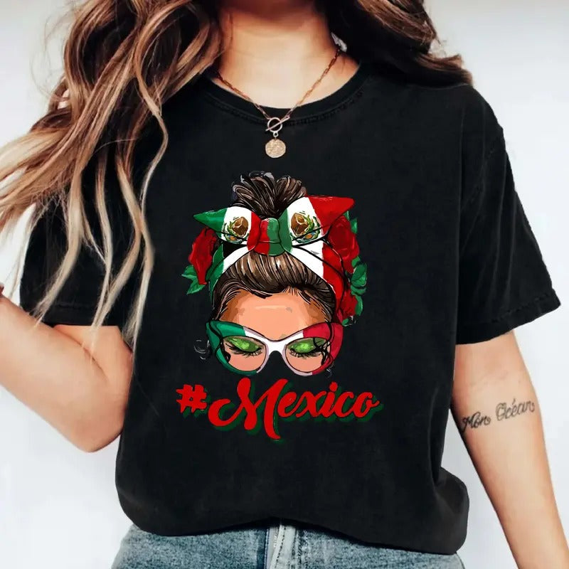 Mexico Messy Bun Mexican Flag Woman Cute Latina Mom - Adult & Kids T-Shirts, Sweatshirts & Hoodies apparel design preview 1