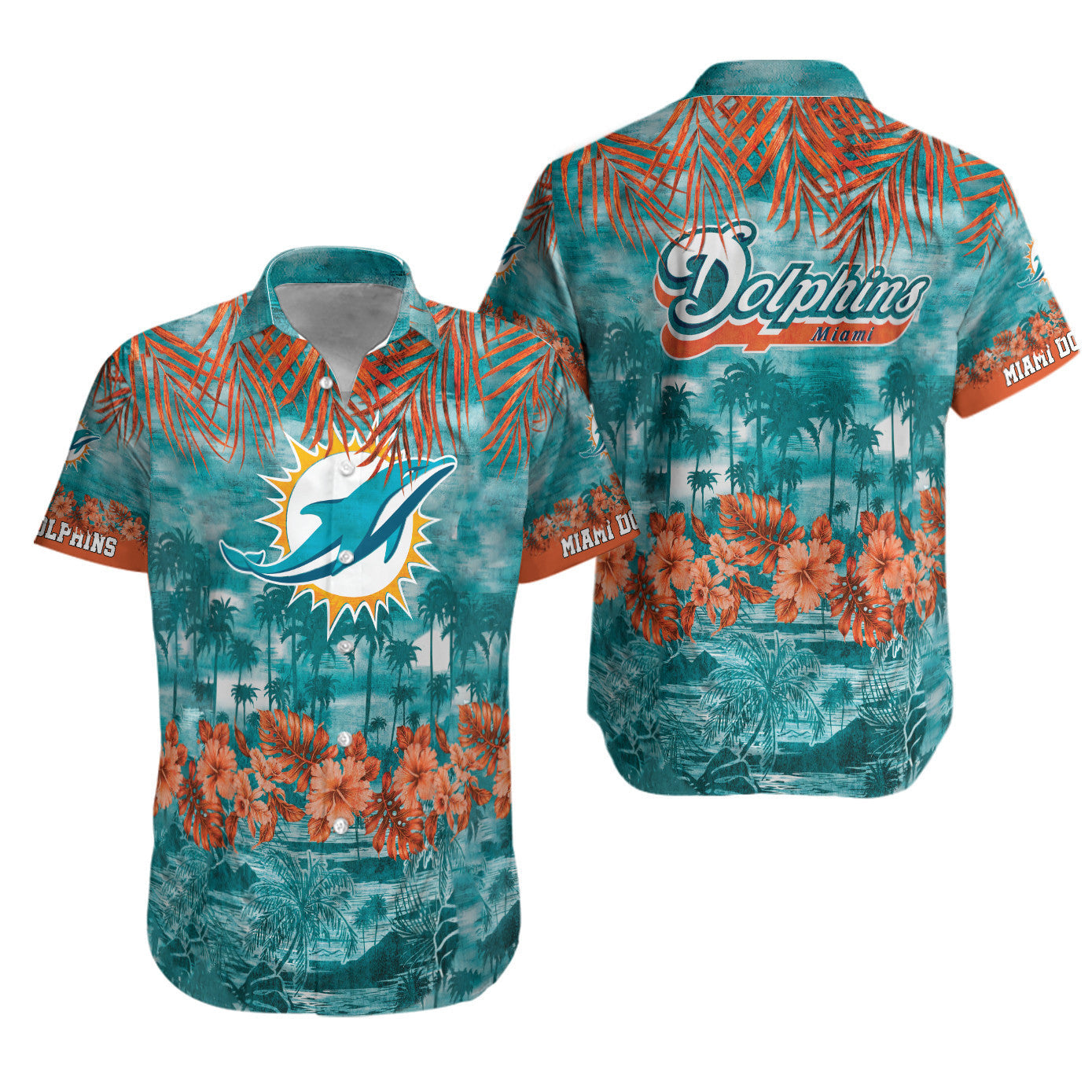 Miami Dolphins Hawaiian Aqua Orange Flowers Design - Adult & Kids T-Shirts, Sweatshirts & Hoodies apparel design preview 1
