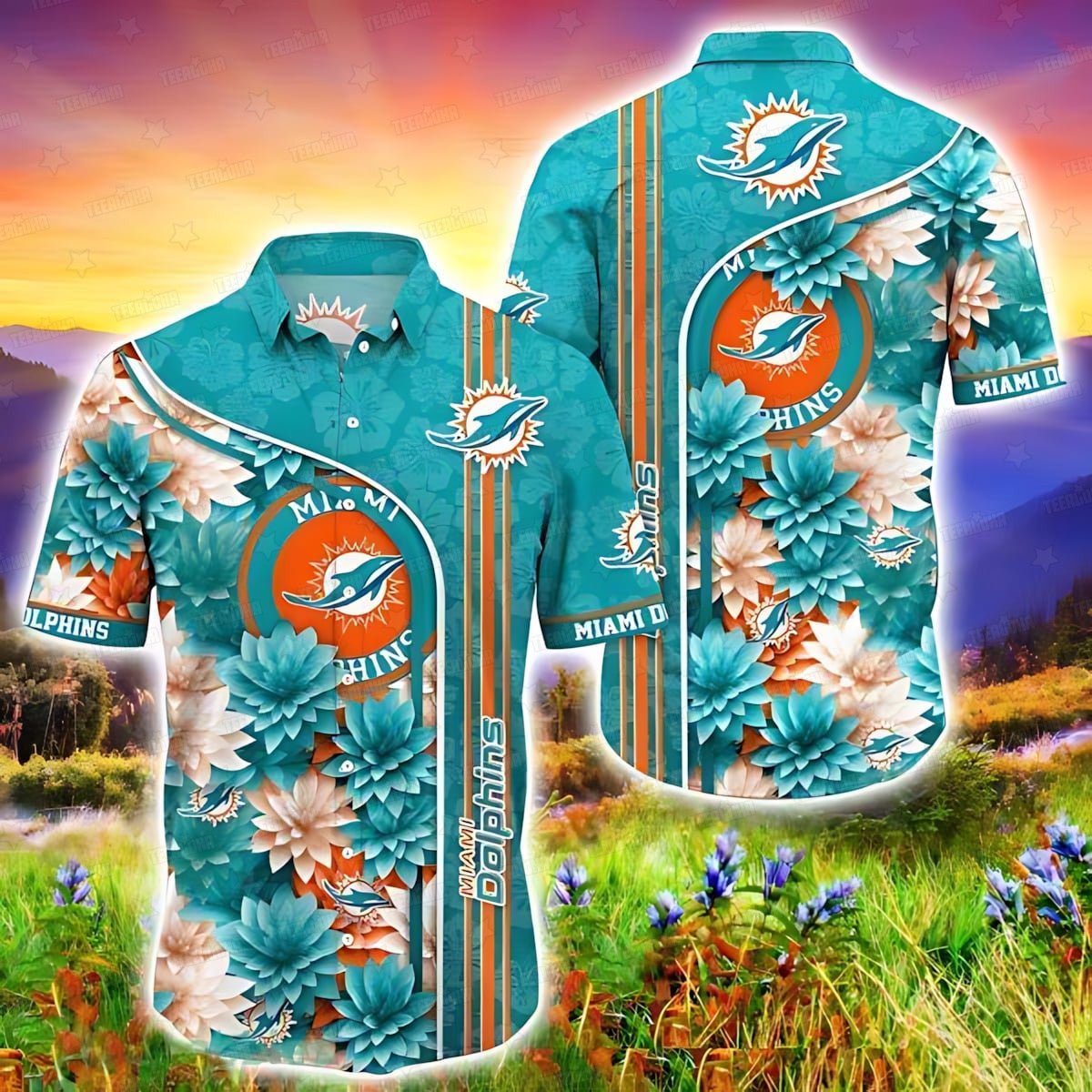 Miami Dolphins Hawaiian Floral Design 194400 - Adult & Kids T-Shirts, Sweatshirts & Hoodies apparel design preview 1