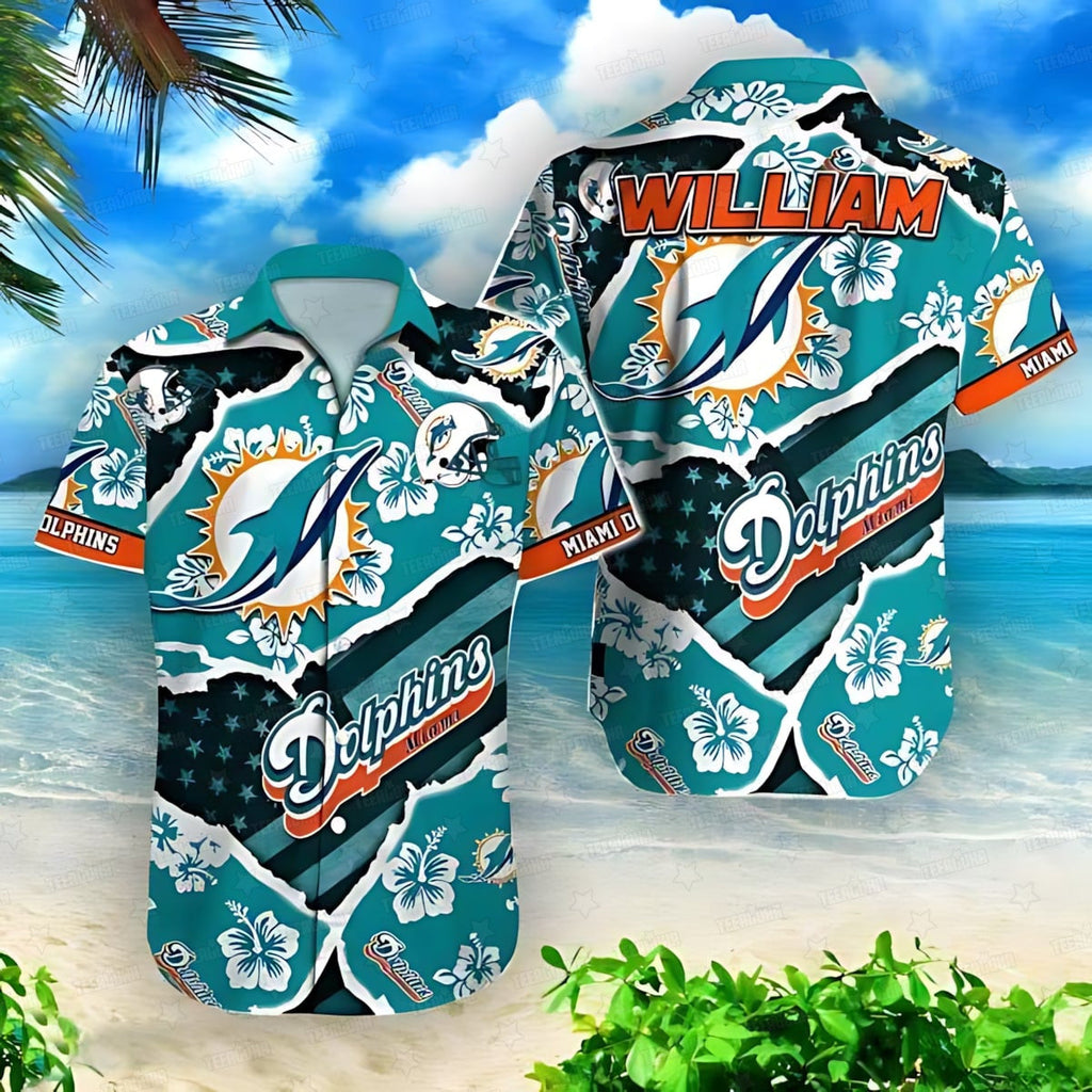 Miami Dolphins Hawaiian Floral Wave Design 182498 - Adult & Kids T-Shirts, Sweatshirts & Hoodies apparel design preview 1