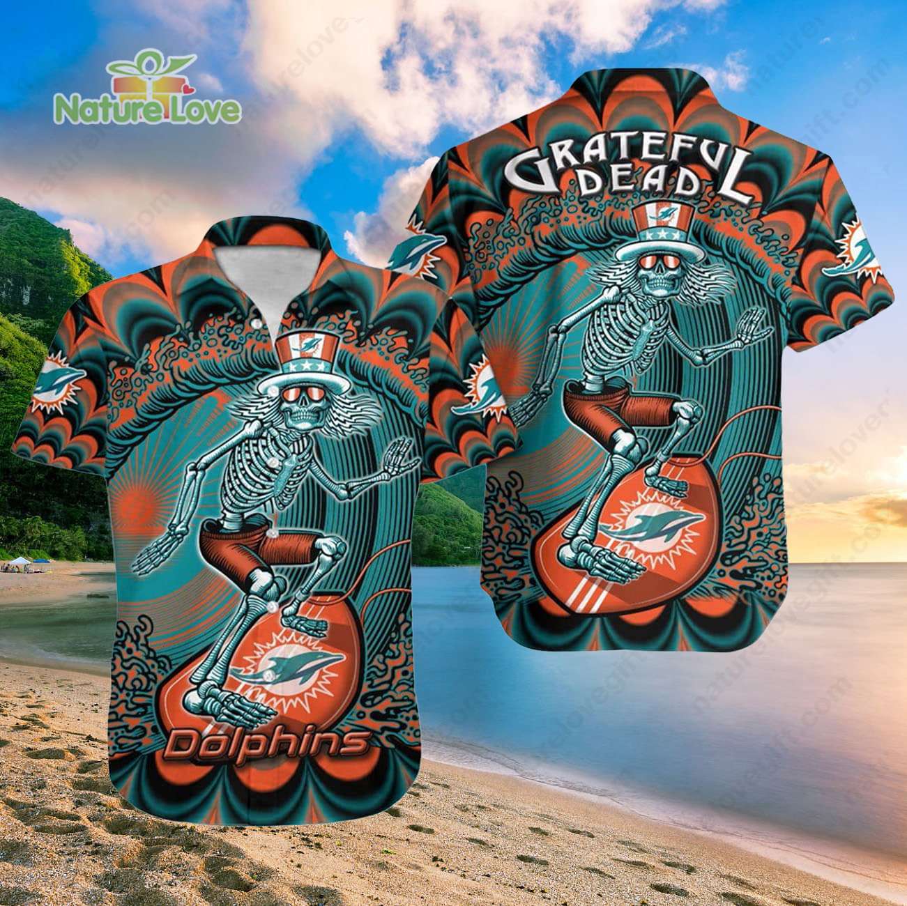 Miami Dolphins Grateful Dead Surfing Hawaiian - Adult & Kids T-Shirts, Sweatshirts & Hoodies apparel design preview 1
