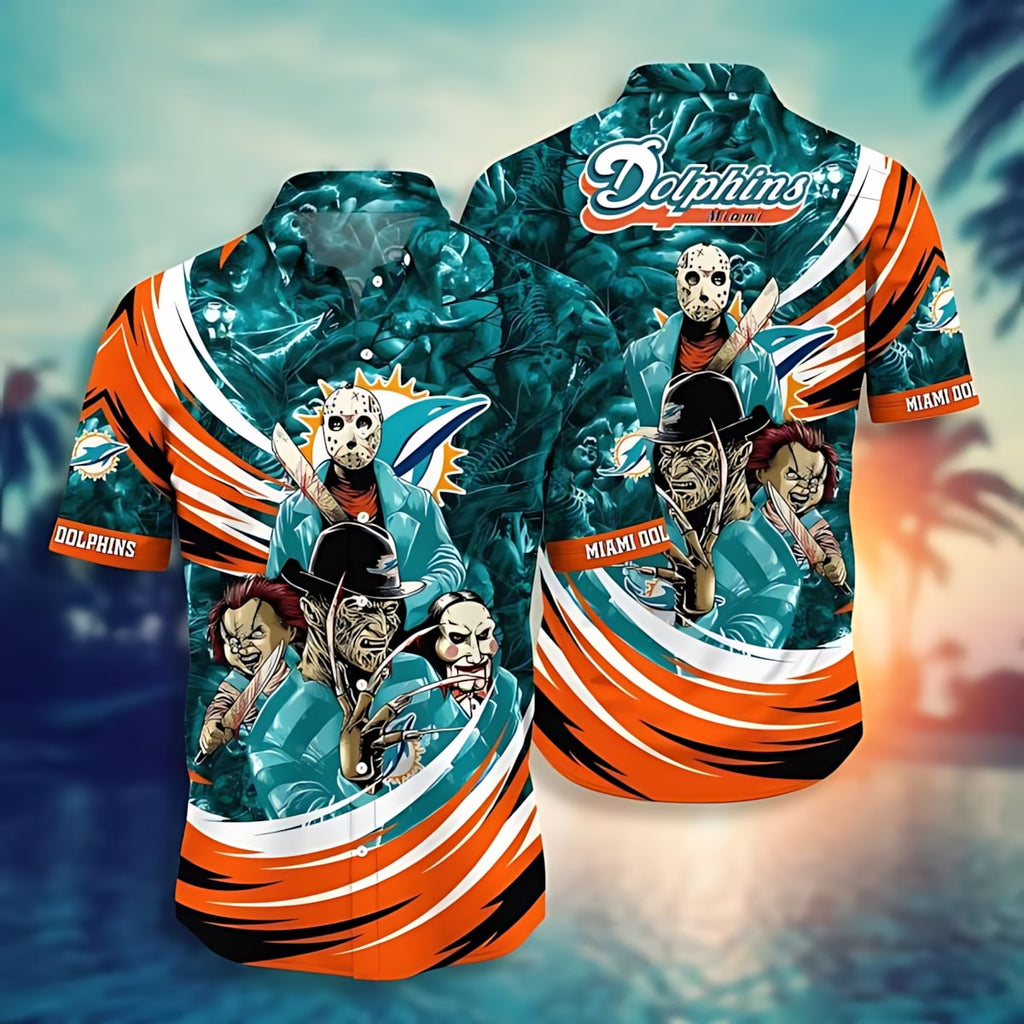 Miami Dolphins Hawaiian Aqua Orange Halloween Design - Adult & Kids T-Shirts, Sweatshirts & Hoodies apparel design preview 1