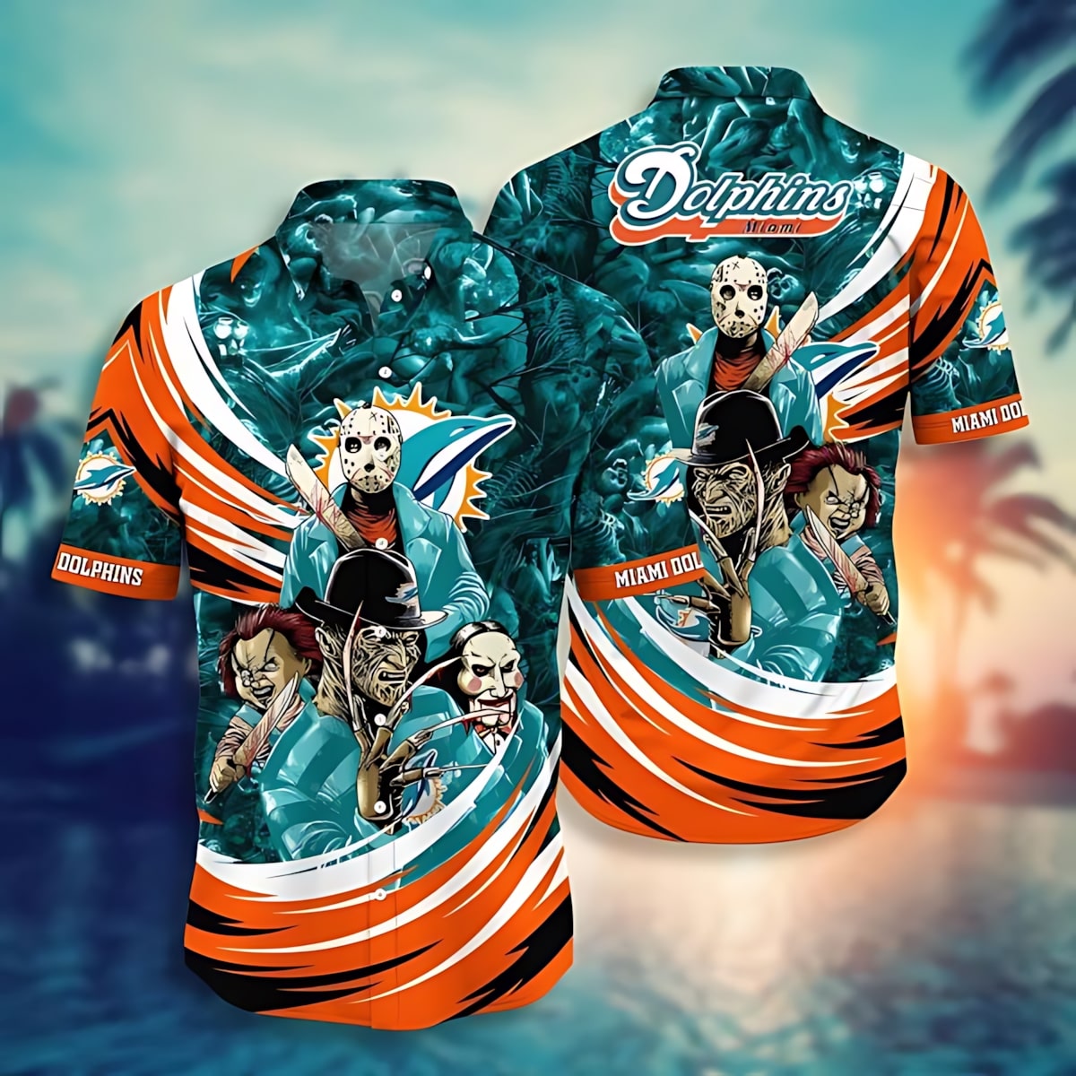Miami Dolphins Hawaiian Aqua Orange Halloween Design - Adult & Kids T-Shirts, Sweatshirts & Hoodies apparel design preview 1