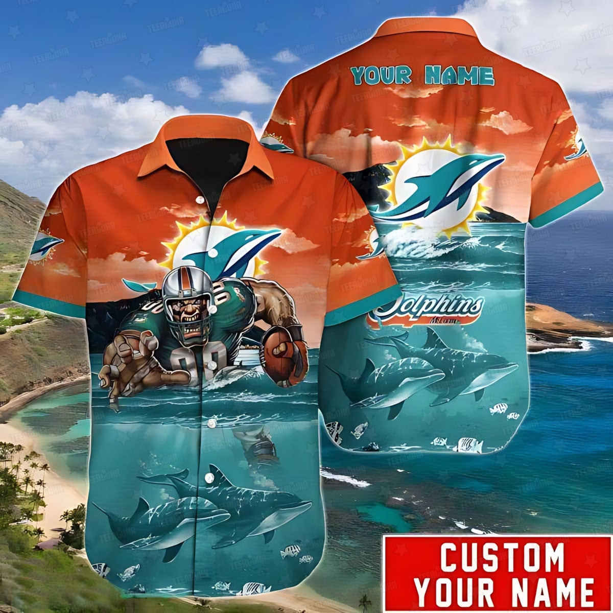 Miami Dolphins Hawaiian Ocean Warrior Design by - Adult & Kids T-Shirts, Sweatshirts & Hoodies apparel design preview 1