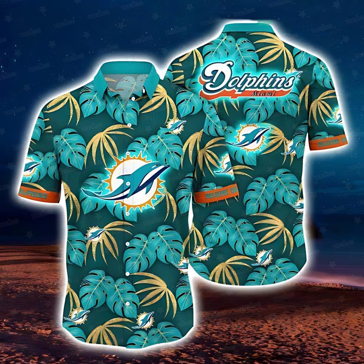Miami Dolphins Hawaiian Palm Paradise Design 386404 - Adult & Kids T-Shirts, Sweatshirts & Hoodies apparel design preview 1
