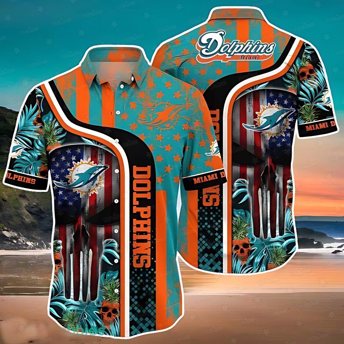 Miami Dolphins Hawaiian Stars and Stripes Skull - Adult & Kids T-Shirts, Sweatshirts & Hoodies apparel design preview 1