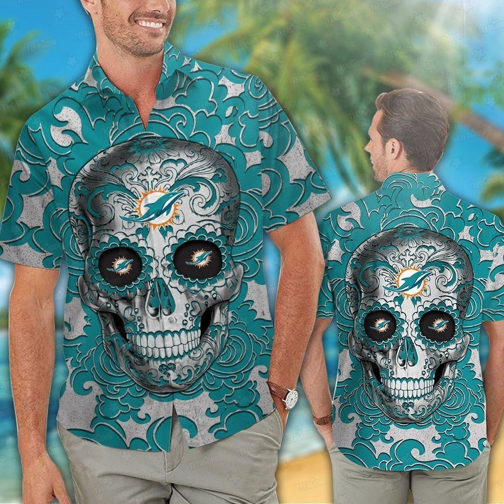 Miami Dolphins Sugar Skull Hawaiian Blue 142394 - Adult & Kids T-Shirts, Sweatshirts & Hoodies apparel design preview 1