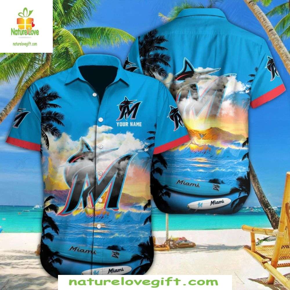 Miami Marlins Hawaiian Custom Beach Sunset Aloha - Adult & Kids T-Shirts, Sweatshirts & Hoodies apparel design preview 1