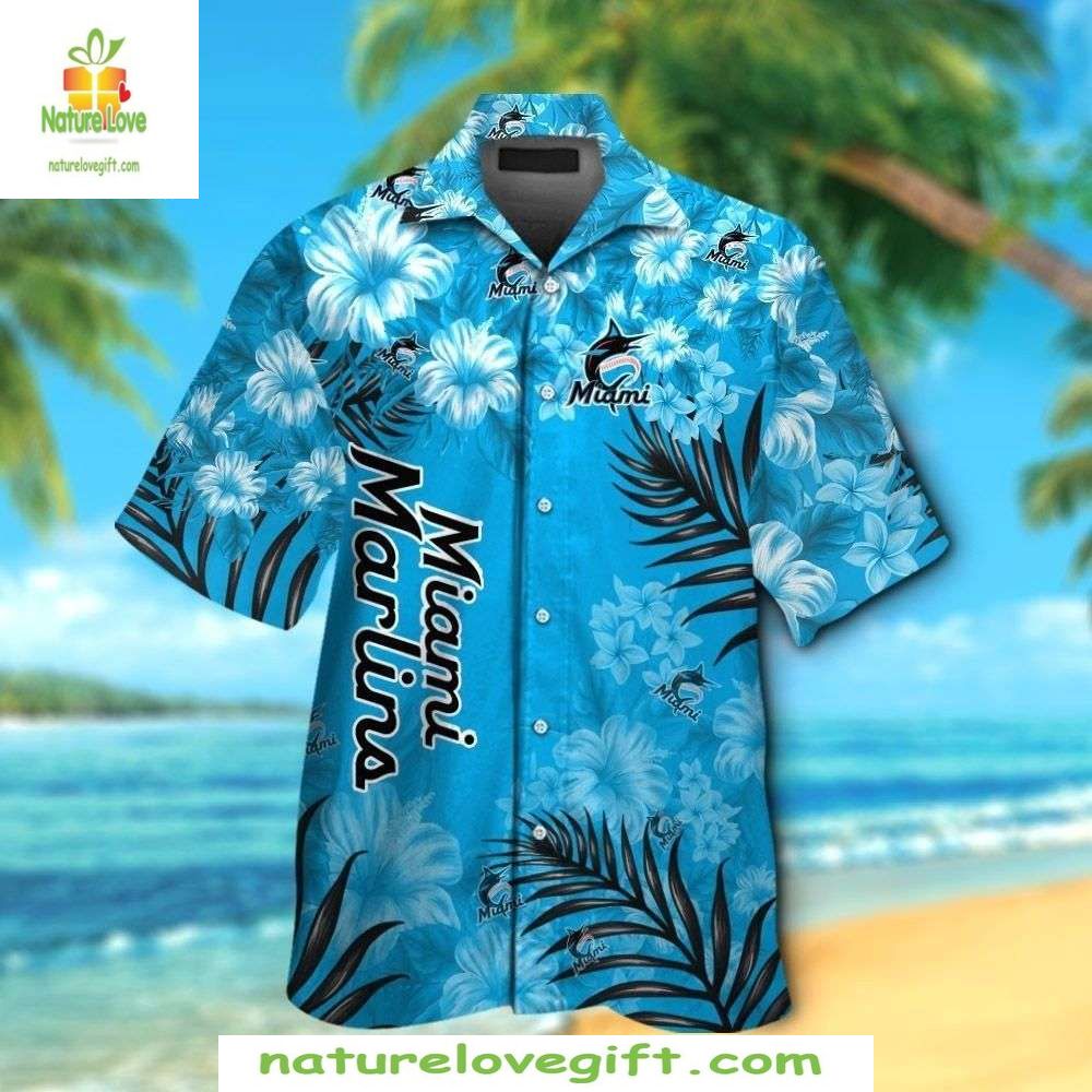 Miami Marlins Hawaiian Floral Breeze Ocean Blue MLB - Adult & Kids T-Shirts, Sweatshirts & Hoodies apparel design preview 1