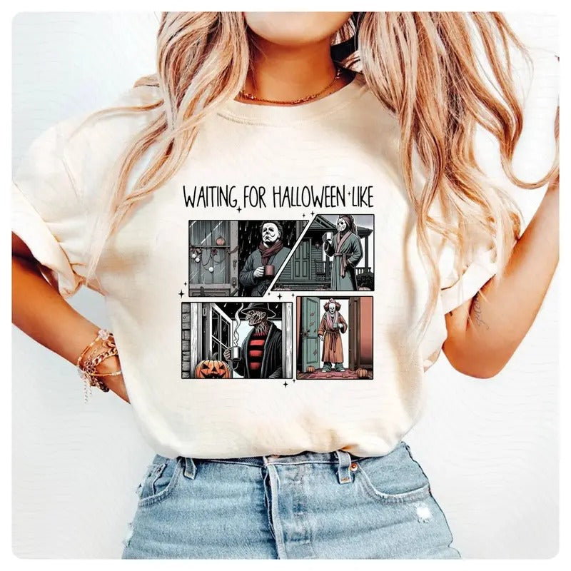 Michael Myers Jason Voorhees Waiting Halloween Like - Adult & Kids T-Shirts, Sweatshirts & Hoodies apparel design preview 1