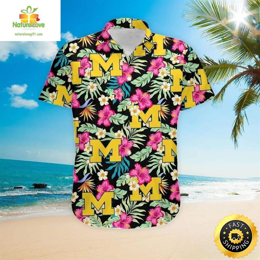Michigan Wolverines Hawaiian Hibiscus Pattern Beach - Adult & Kids T-Shirts, Sweatshirts & Hoodies apparel design preview 1