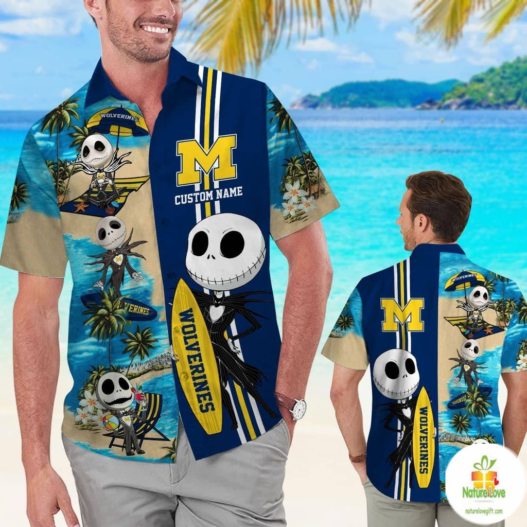 Michigan Wolverines Jack Skellington Hawaiian - Adult & Kids T-Shirts, Sweatshirts & Hoodies apparel design preview 1