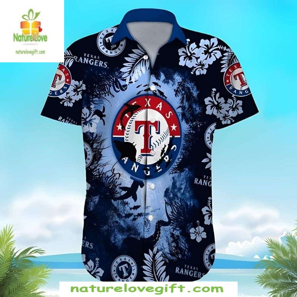 Texas Rangers Hawaiian Midnight Floral Emblem MLB - Adult & Kids T-Shirts, Sweatshirts & Hoodies apparel design preview 1
