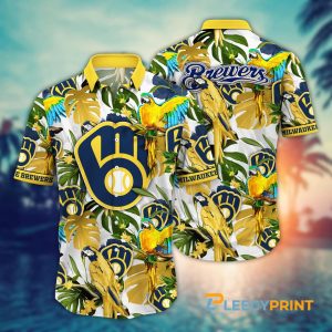 Milwaukee Brewers MLB Parrot Monstera Leaves Pattern - Adult & Kids T-Shirts, Sweatshirts & Hoodies apparel design preview 1