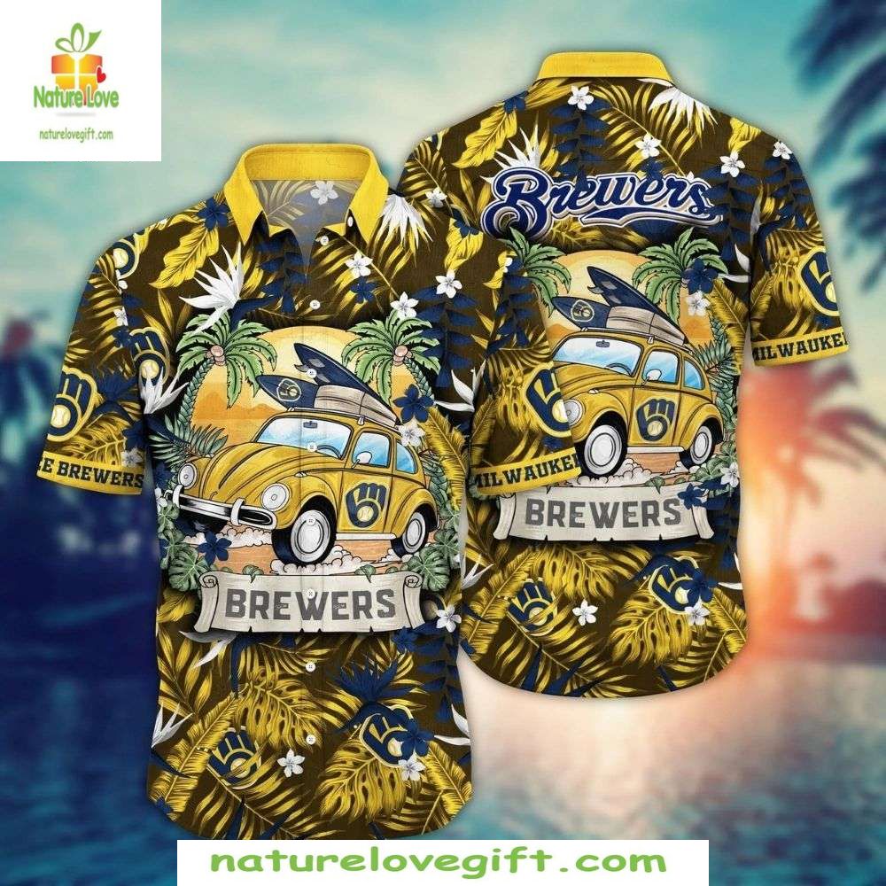 Milwaukee Brewers Hawaiian Retro Car Palm Print MLB - Adult & Kids T-Shirts, Sweatshirts & Hoodies apparel design preview 1