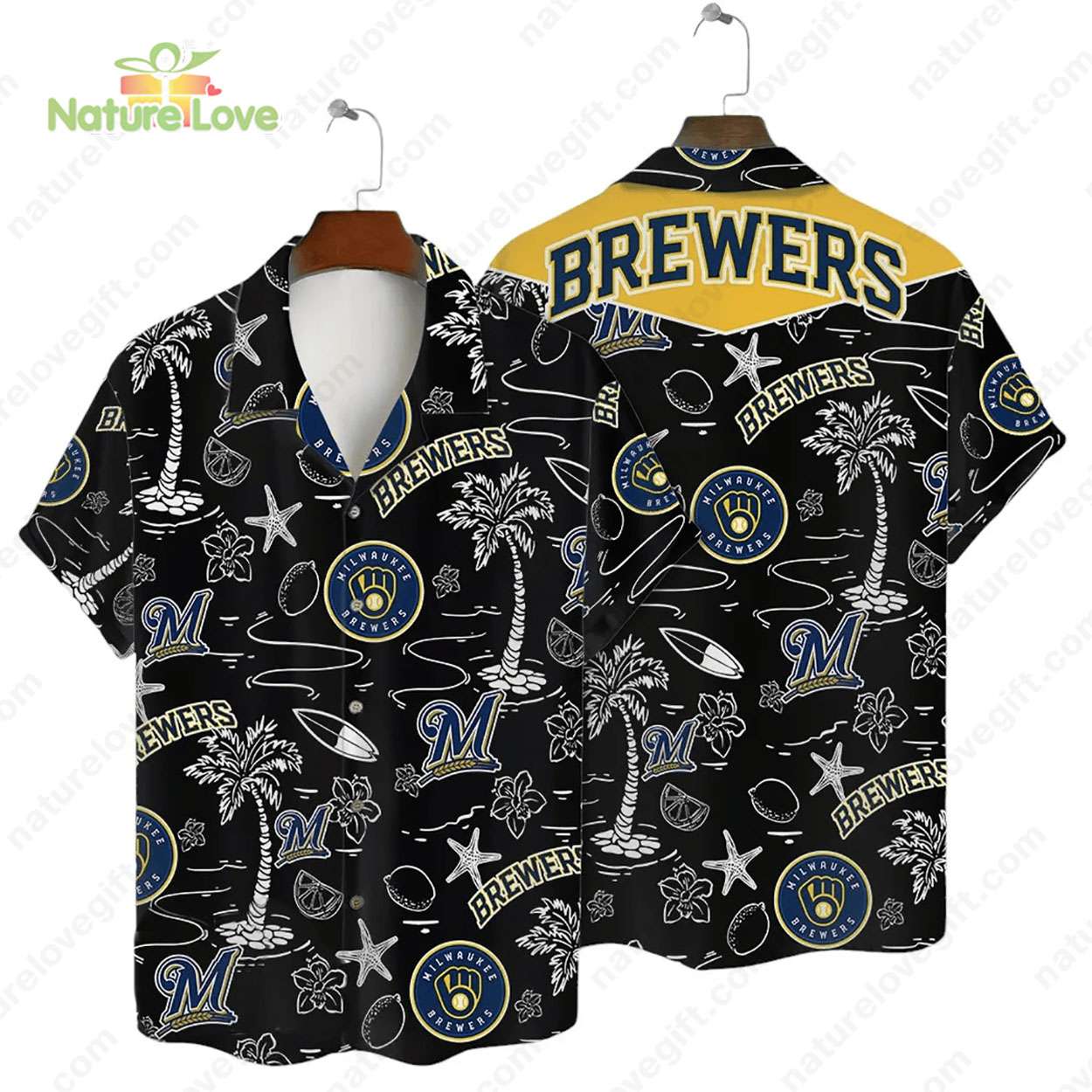 Milwaukee Brewers Tropical Palms MLB Black Hawaiian - Adult & Kids T-Shirts, Sweatshirts & Hoodies apparel design preview 1