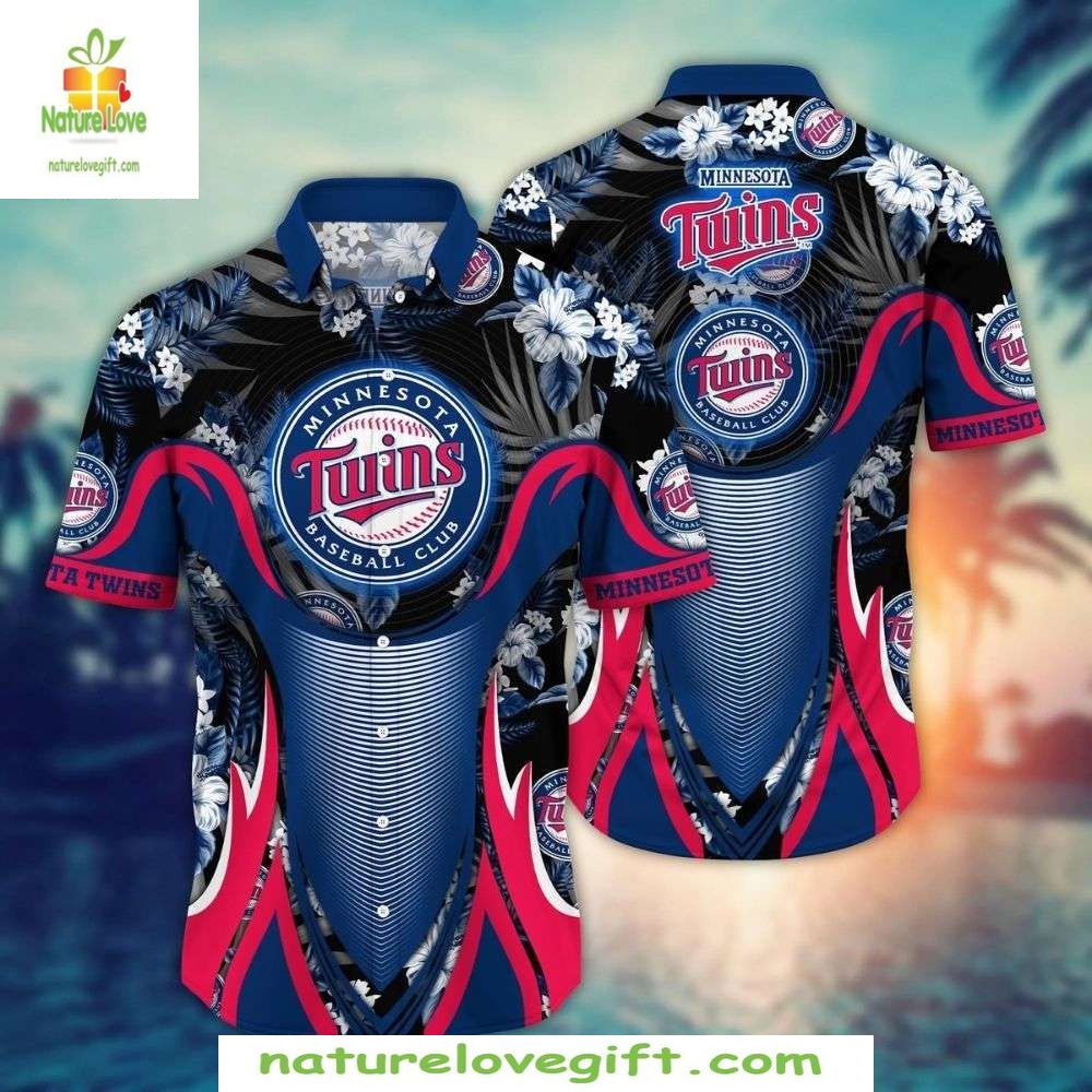Minnesota Twins Hawaiian Floral Wave Striped MLB - Adult & Kids T-Shirts, Sweatshirts & Hoodies apparel design preview 1