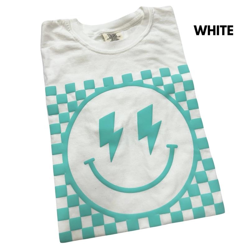 Mint Puff Checkered Happy Face Comfort Colors - Adult & Kids T-Shirts, Sweatshirts & Hoodies apparel design preview 1
