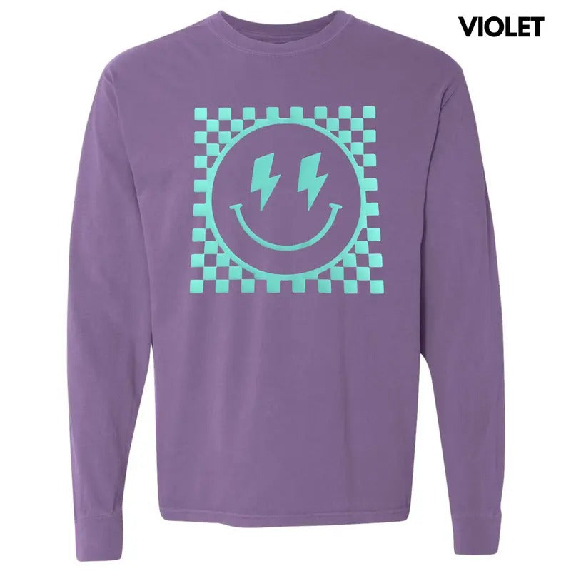 Mint Puff Checkered Happy Face Comfort Colors - Adult & Kids T-Shirts, Sweatshirts & Hoodies apparel design preview 1
