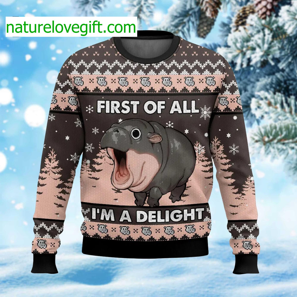 Moo Deng First Of All I’m A Delight Ugly Christmas Sweater - Holiday Gift product image