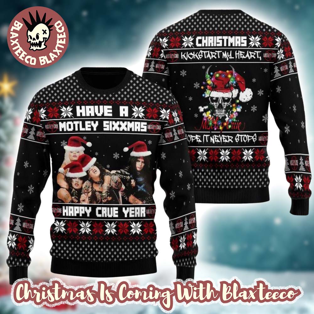Motley Crue Have A Motley Sixxmas Happy Crue Year Santa Hats Knitted Black Ugly Christmas Sweater - Holiday Gift product image