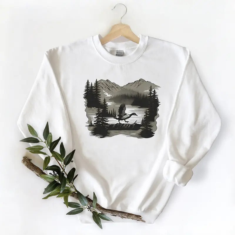 Mountains Lake Evergreens Mallard Duck Hunters - Adult & Kids T-Shirts, Sweatshirts & Hoodies apparel design preview 1