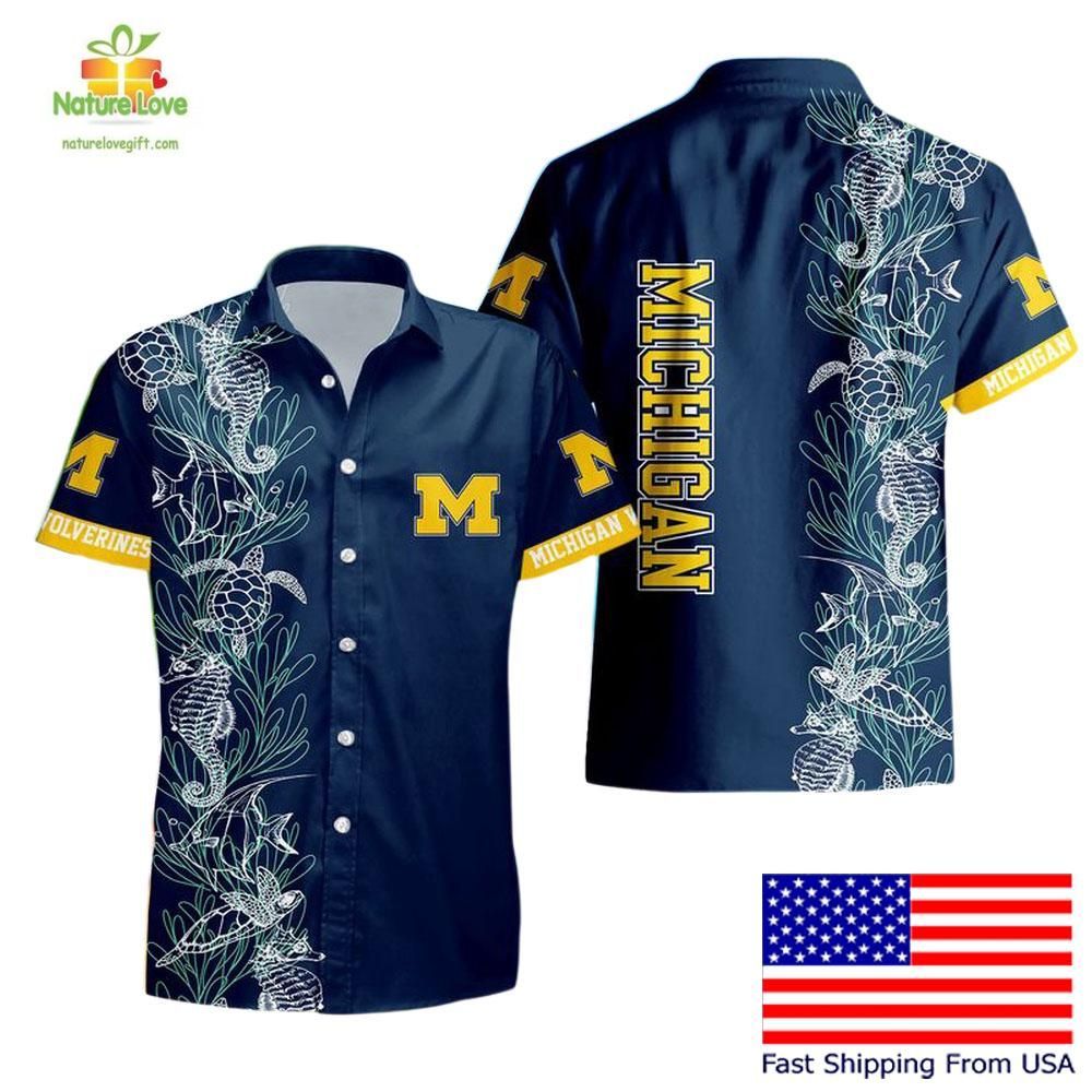 Michigan Wolverines Hawaiian Turtle Seaweed Pattern - Adult & Kids T-Shirts, Sweatshirts & Hoodies apparel design preview 1