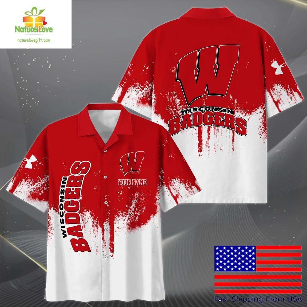 Wisconsin Badgers Hawaiian Custom Paint Splatter Logo - Adult & Kids T-Shirts, Sweatshirts & Hoodies apparel design preview 1
