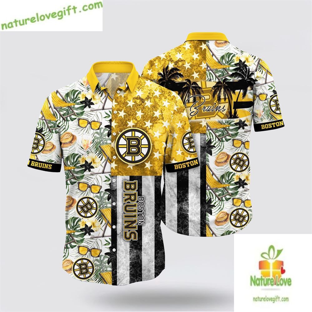 Boston Bruins Hawaiian with Tropical Hat and Glasses - Adult & Kids T-Shirts, Sweatshirts & Hoodies apparel design preview 1