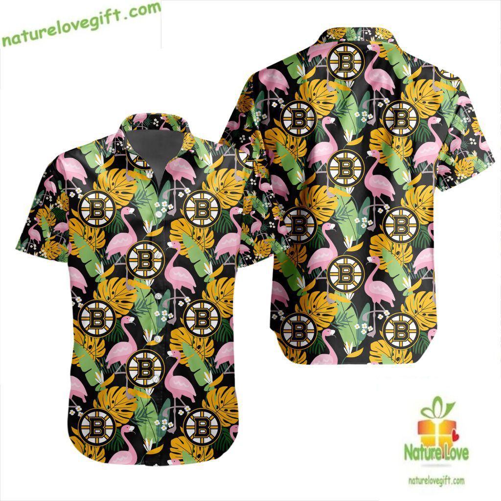 Boston Bruins Hawaiian Flamingo Button Up - Adult & Kids T-Shirts, Sweatshirts & Hoodies apparel design preview 1