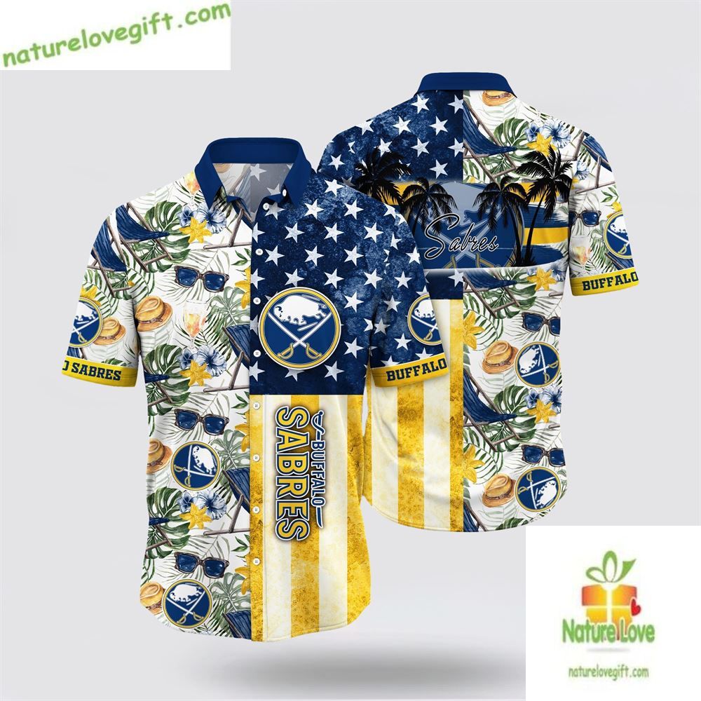 Buffalo Sabres Hawaiian with Tropical Hat and Glasses - Adult & Kids T-Shirts, Sweatshirts & Hoodies apparel design preview 1