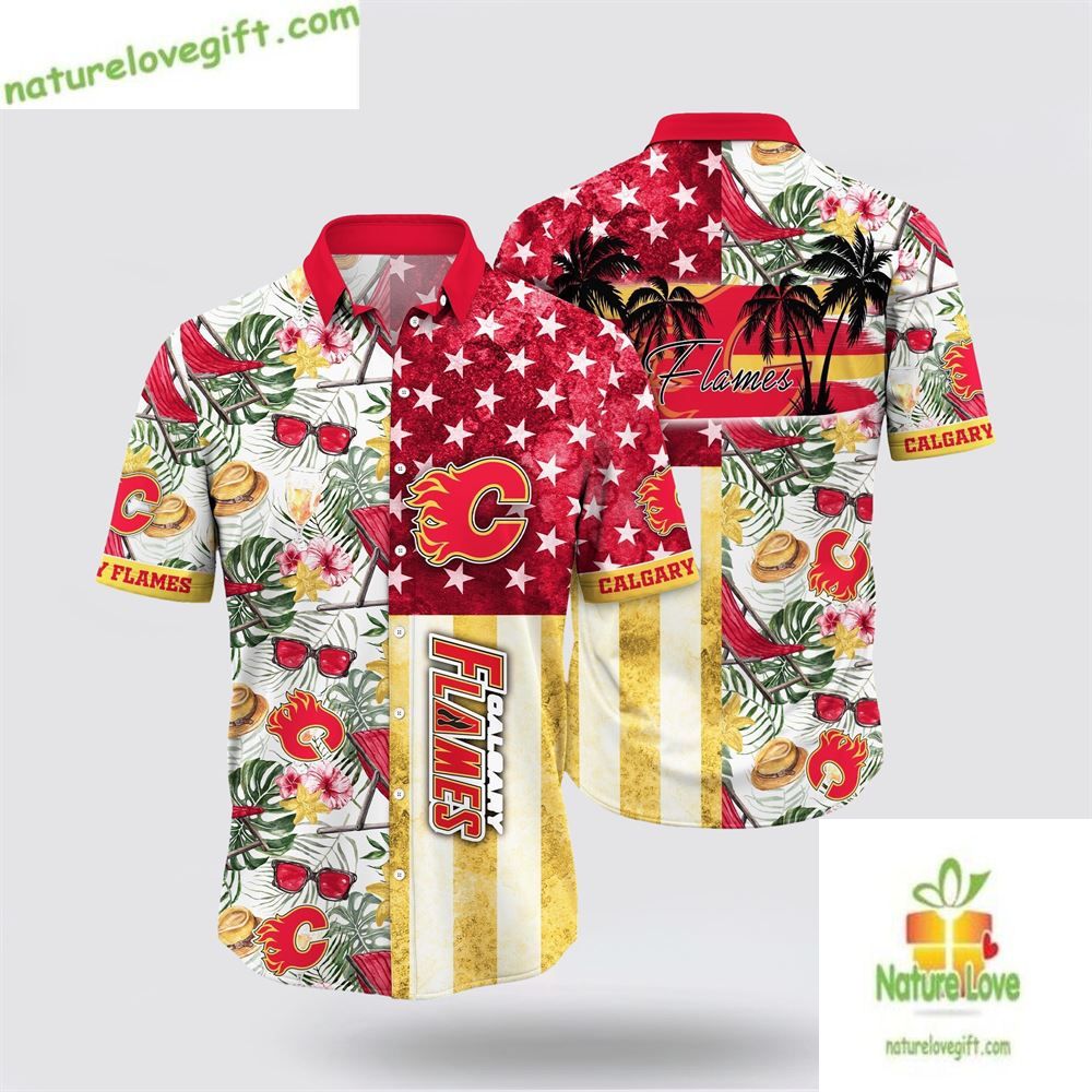 Calgary Flames Hawaiian with Tropical Hat and Glasses - Adult & Kids T-Shirts, Sweatshirts & Hoodies apparel design preview 1