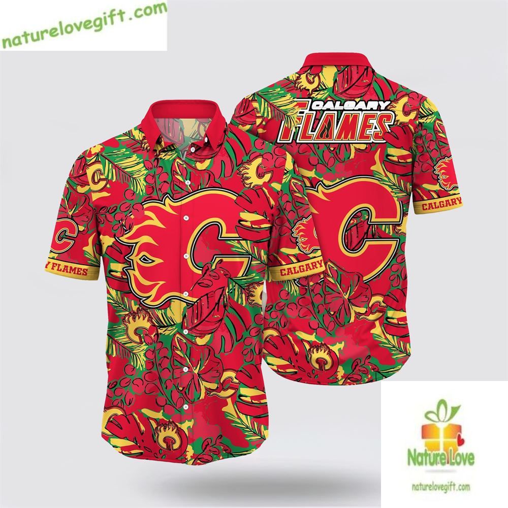 Calgary Flames Hawaiian Tropical Leaf Summer Fan Gear - Adult & Kids T-Shirts, Sweatshirts & Hoodies apparel design preview 1