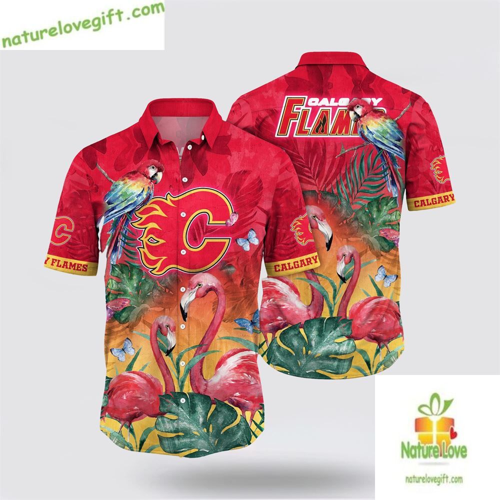 Calgary Flames Hawaiian Tropical Parrot Flamingo - Adult & Kids T-Shirts, Sweatshirts & Hoodies apparel design preview 1